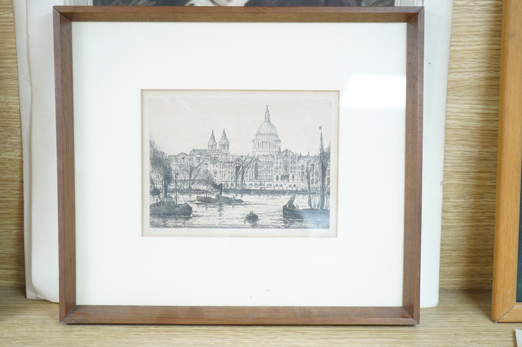 D M Clark, ‘The Tower of London’ and ‘St Paul's from Bankside’, each signed, two etchings together with Fred Millar, two mezzotints, signed in pencil, unframed, largest 50 x 41cm